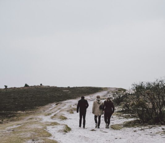 추운 날씨 속 혈액순환 개선 운동 three person walking on snow covered field