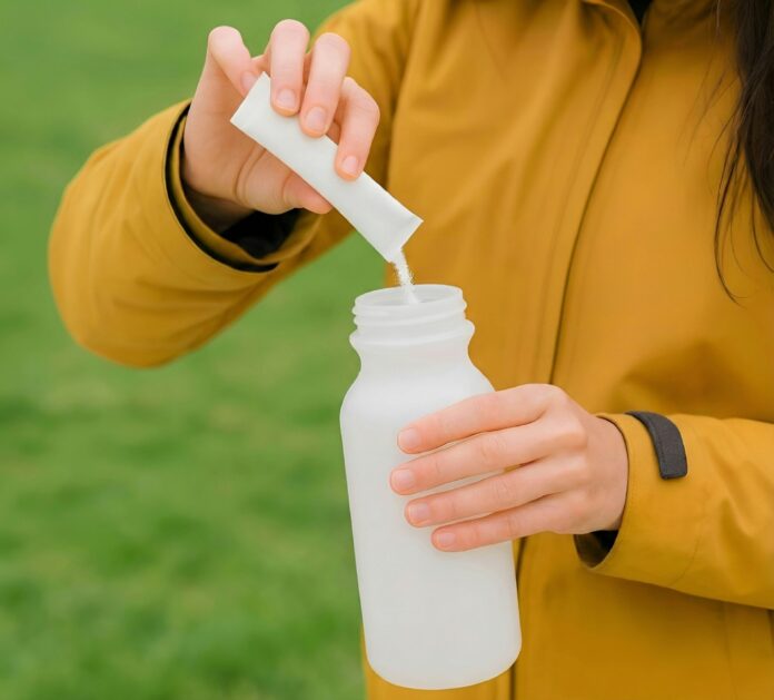 Photo by NutraSeller Manufacturing Person pouring powder into a water bottle